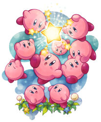 Rule 34 | :d, :o, arms up, blue eyes, blue flower, blurry, blurry background, blush, blush stickers, closed mouth, commentary request, flower, kirby, kirby (series), kirby mass attack, kotori (lycka), looking up, multiple persona, nintendo, no humans, open mouth, plant, simple background, smile, star (symbol), upside-down, white background, white flower, yellow flower