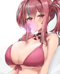 Rule 34 | 1girl, azur lane, bare shoulders, bikini, black choker, breasts, bremerton (azur lane), chewing gum, choker, cleavage, commentary request, front-tie top, hair between eyes, highres, kousi sirazawa, large breasts, looking at viewer, multicolored hair, pink bikini, pink eyes, pink hair, streaked hair, swimsuit, twintails, underboob