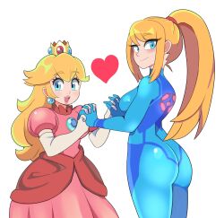Rule 34 | 2girls, artist progress, ass, back, bbycheese, blonde hair, blue eyes, bodysuit, breasts, brooch, closed mouth, crown, dress, earrings, elbow gloves, feet out of frame, from behind, gloves, heart, highres, holding hands, jewelry, long dress, long hair, looking at viewer, looking back, mario (series), metroid, multiple girls, nintendo, one eye closed, open mouth, pink dress, ponytail, princess peach, puffy short sleeves, puffy sleeves, redrawn, samus aran, short sleeves, sidelocks, simple background, skin tight, smile, sphere earrings, white gloves, zero suit