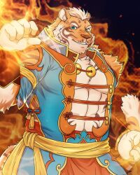 Rule 34 | 1boy, abs, animal ears, bara, bulge, cowboy shot, daisukebear, fiery aura, fighting stance, fire, furry, furry male, highres, large pectorals, lin hu (nekojishi), looking at viewer, male focus, mature male, muscular, muscular male, navel, navel hair, nekojishi, orange fur, paid reward available, pectorals, pyrokinesis, short hair, solo, stomach, strongman waist, thick thighs, thighs, tiger boy, tiger ears