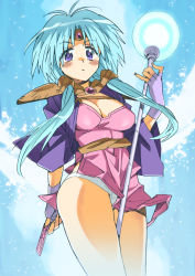 Rule 34 | 1990s (style), 1girl, aqua hair, breasts, circlet, cleavage, fingerless gloves, gloves, haou taikei ryuu knight, katou haruaki, large breasts, long hair, paffy pafuricia, panties, pantyshot, purple eyes, solo, staff, twintails, underwear