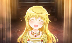 Rule 34 | 1girl, aged down, ahoge, blonde hair, blush, castle, closed eyes, colored eyelashes, gem, happy, indoors, isabeau de baviere (madoka magica), jewelry, light particles, long hair, magia record: mahou shoujo madoka magica gaiden, mahou shoujo madoka magica, mahou shoujo tart magica, messy hair, necklace, official art, open mouth, parted lips, pattern request, queen, royal robe, sidelocks, smile, solo, sparkle, upper body
