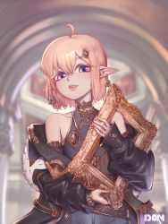 Rule 34 | 1boy, ahoge, artist name, artist request, bare shoulders, black jacket, black shirt, blonde hair, blurry, blurry background, bridal gauntlets, collarbone, commentary, earrings, english commentary, fangs, grey eyes, hair ornament, highres, indoors, jacket, jewelry, lilia gazertd, lilium (donstellaarte), long sleeves, looking at viewer, original, pointy ears, portrait (object), shirt, short hair, smile, solo, teeth, trap, upper teeth only
