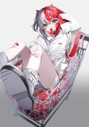 Rule 34 | 1girl, absurdres, bandaid, bandaid on leg, black eyes, bone hair ornament, food in mouth, gauze, gradient background, grey background, grey hair, hair between eyes, hair ornament, highres, in shopping cart, jacket, looking at viewer, multicolored hair, onodera nire, original, raw meat, red hair, shoe soles, shopping cart, short hair, sidelocks, simple background, solo, two-tone hair, white jacket