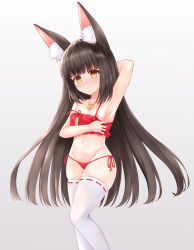 Rule 34 | 1girl, absurdres, animal ears, arm behind head, arm up, armpits, azur lane, bare shoulders, black hair, blunt bangs, collarbone, commentary request, fox ears, groin, highres, koiaya201352, long hair, looking at viewer, midriff, nagato (azur lane), nagato (great fox&#039;s respite) (azur lane), navel, panties, red panties, ribbon-trimmed legwear, ribbon trim, side-tie panties, sidelocks, simple background, smile, solo, stomach, thighhighs, underwear, white thighhighs, yellow eyes