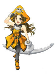 Rule 34 | 1girl, anchor, arc system works, belt, brown hair, e-co, guilty gear, hat, highres, k-na, long hair, may (guilty gear), one eye closed, orange hat, orange shirt, pantyhose, pirate hat, shirt, simple background, solo, wink
