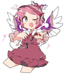 Rule 34 | 1girl, bird wings, blush, brown dress, dress, eighth note, feathered wings, feet out of frame, fingernails, flying, frills, grey eyes, hat, head wings, ini (inunabe00), long sleeves, looking at viewer, mob cap, music, musical note, mystia lorelei, nail polish, one eye closed, open mouth, pink hair, red nails, short hair, simple background, singing, solo, touhou, white background, winged hat, wings