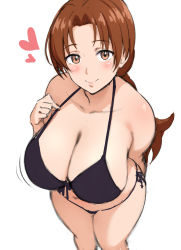 Rule 34 | 1girl, alternate breast size, bad id, bad pixiv id, bikini, black bikini, blush, breasts, brown eyes, brown hair, cleavage, commentary request, creatures (company), delia ketchum, from above, game freak, halterneck, heart, highres, large breasts, long hair, looking at viewer, mature female, mhs, micro bikini, nintendo, pokemon, pokemon (anime), pokemon (classic anime), ponytail, shiny skin, side-tie bikini bottom, simple background, sketch, smile, solo, standing, strap lift, swimsuit, thong bikini, white background, wide hips