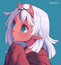 Rule 34 | 1girl, absurdres, artist name, bellavoirr, blue background, blue eyes, blunt bangs, blush, closed mouth, colored skin, demon girl, dot mouth, female focus, grey hair, hair ribbon, hand up, highres, horns, long sleeves, looking up, medium hair, original, pointy ears, portrait, red horns, red ribbon, red shirt, red skin, ribbon, shirt, sidelocks, signature, simple background, skin-covered horns, sleeves past fingers, sleeves past wrists, solo, upper body