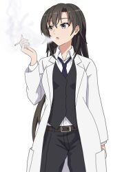 Rule 34 | 1girl, absurdres, belt, black hair, black necktie, black pants, black vest, brown belt, cigarette, coat, collared shirt, commentary request, cowboy shot, grey eyes, highres, hiratsuka shizuka, holding, holding cigarette, lab coat, long hair, looking to the side, necktie, open clothes, open coat, open mouth, pants, shirt, simple background, smoke, smoking, solo, standing, user yja4775, vest, white background, white coat, white shirt, yahari ore no seishun lovecome wa machigatteiru.