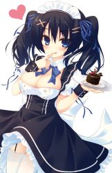 Rule 34 | 1girl, :q, black hair, blue bow, blue bowtie, blue eyes, bow, bowtie, breasts, cake, cleavage, food, garter straps, hair ornament, hairpin, heart, highres, legs together, long hair, looking at viewer, maid, maid headdress, miko (royal milk), original, plate, smile, solo, thighhighs, tongue, tongue out, twintails, white thighhighs, wrist cuffs, zettai ryouiki
