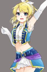 Rule 34 | 10s, 1girl, :d, arm up, ayase eli, belt, blonde hair, blue eyes, dancing stars on me!, elbow gloves, frills, gloves, long hair, love live!, love live! school idol project, midriff, navel, open mouth, ponytail, simple background, skirt, smile, solo, taiki (ozone), white gloves