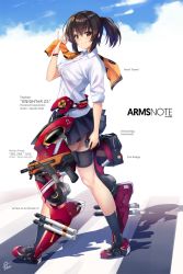Rule 34 | 1girl, arms note, artist name, bag, black hair, blue skirt, blush, closed mouth, collared shirt, copyright name, dress shirt, exoskeleton, fukai ryosuke, green eyes, gun, hand up, holding, holding towel, looking at viewer, missile, original, outdoors, pleated skirt, ponytail, school bag, science fiction, shirt, sidelocks, signature, skirt, sleeves rolled up, smile, solo, standing, submachine gun, surface-to-surface missile, thigh strap, towel, walking, weapon, white shirt