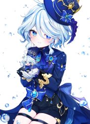 Rule 34 | 1girl, absurdres, ahoge, ascot, asymmetrical gloves, black bow, black gloves, black shirt, blue ascot, blue bow, blue brooch, blue cape, blue eyes, blue gemstone, blue hair, blue headwear, blue jacket, blush, bow, cape, chibi, closed mouth, commentary request, dot nose, furina (genshin impact), furrowed brow, gem, genshin impact, gloves, gold trim, hair between eyes, hands up, hat, hat bow, heterochromia, highres, hydro symbol (genshin impact), ineka ka, jacket, light blue hair, long bangs, long sleeves, looking at viewer, mismatched gloves, mismatched pupils, shirt, short hair, simple background, single hair intake, smile, swept bangs, thigh strap, thighs, top hat, waist bow, waist brooch, waist cape, water drop, wavy hair, white background, white gloves
