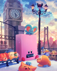 Rule 34 | :d, absurdres, awoofy, bandana, bandana waddle dee, beanie, bench, bernard (kirby), bird, blue bandana, blue eyes, blush, blush stickers, bridge, building, can, chilly (kirby), cityscape, clock, clock tower, clocker, closed eyes, cloud, commentary request, corori, dog, drink, drinking, elfilin, fence, full body, gradient sky, hat, highres, holding, holding can, kirby, kirby (series), kirby and the forgotten land, lamppost, mouthful mode, needlous, nintendo, no humans, open mouth, orange headwear, outdoors, scarfy, sitting, sky, sleeping, smile, snowflakes, snowing, snowman, sunset, suyasuyabi, tower, ufo (kirby), vending machine, vending mouth, waddle dee