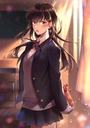 Rule 34 | 1girl, arm behind back, backlighting, black hair, blazer, blush, bow, bowtie, chair, chalkboard, classroom, cowboy shot, curtains, desk, dress shirt, evening, gift, gift bag, highres, holding, holding gift, indoors, jacket, light particles, long hair, looking at viewer, open clothes, open jacket, open mouth, original, pleated skirt, school, school chair, school desk, school uniform, shirt, skirt, sleeves past wrists, solo, standing, striped bow, striped bowtie, striped clothes, striped neckwear, sunlight, sweater, takao sho, v-neck, valentine, window