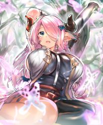 Rule 34 | 10s, 1girl, arm up, bare shoulders, black gloves, blue eyes, blush, braid, breasts, demon horns, draph, elbow gloves, female focus, gloves, granblue fantasy, hair ornament, hair over one eye, horns, hunakaka (you2662eternity), large breasts, light purple hair, long hair, narmaya (granblue fantasy), open mouth, outstretched arm, pointy ears, single thighhigh, solo, stretching, thighhighs