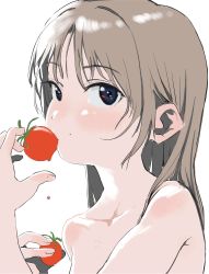 Rule 34 | 1girl, absurdres, blue eyes, blush, bouen, brown hair, cherry tomato, collarbone, eating, food, food on face, fruit, hands up, highres, holding, holding food, holding fruit, long hair, looking at viewer, nude, original, simple background, solo, tomato, upper body, white background