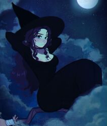 Rule 34 | 1girl, arms behind head, black choker, black dress, black eyes, black hair, black hat, blush, breasts, broom, broom riding, choker, cleavage, cloud, commentary, dress, english commentary, freckles, hat, highres, long hair, looking at viewer, medium breasts, miaormoa, moon, night, night sky, original, sky, solo, star (sky), witch hat