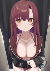 Rule 34 | 1girl, :o, badge, bikini, bikini under clothes, black jacket, breasts, button badge, cleavage, curtains, earrings, fitting room, heart, heart earrings, heart necklace, heterochromia, highres, hololive, houshou marine, houshou marine (summer), jacket, jewelry, long hair, looking at viewer, looking up, medium breasts, necklace, no headwear, official alternate costume, pov, red eyes, red hair, solo, straight hair, swimsuit, syhan, unzipping, virtual youtuber, yellow eyes