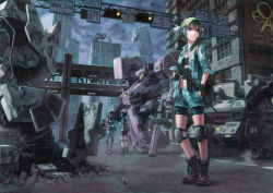 Rule 34 | 3girls, aircraft, armored core, armored core 5, backpack, bad id, bad pixiv id, bag, battlefield, bike shorts, black gloves, black hair, black legwear, blue eyes, blue hair, boots, brown hair, building, city, copyright name, crack, crossover, dark haired kappa, debris, dog tags, elbow pads, english text, extra, fingerless gloves, flower, from software, gatling gun, glasses, glasses kappa, gloves, ground shatter, gun, hair bobbles, hair ornament, hat, headset, helicopter, highres, jacket, kappa mob (touhou), kawashiro nitori, knee pads, kurione (zassou), pantyhose under shorts, machine, mecha, military operator, multiple girls, open clothes, open jacket, pantyhose, pointing, rifle, road sign, robot, shell casing, short hair, shorts, sign, sleeves pushed up, thighhighs, touhou, traffic light, twintails, two side up, weapon