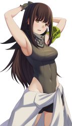 Rule 34 | 1girl, absurdres, act (xadachit), armband, armpits, arms behind head, black shorts, breasts, brown eyes, brown hair, clothes around waist, covered navel, girls&#039; frontline, gloves, green hair, highres, leotard, long hair, looking at viewer, m4a1 (girls&#039; frontline), multicolored hair, scarf, shorts, simple background, solo, streaked hair, white background