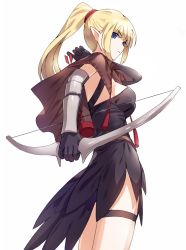 Rule 34 | 1girl, archery, armor, arrow (projectile), blonde hair, blue eyes, bow (weapon), elf, kfr, legband, long hair, original, pointy ears, ponytail, quiver, solo, thigh strap, very long hair, weapon