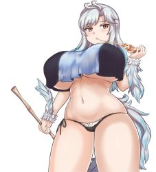 Rule 34 | 1girl, bikini, bikini bottom only, black bikini, blue hair, bow, bow bikini, breasts, brown eyes, commentary, commission, cowboy shot, crop top, crop top overhang, curvy, eating, english commentary, feathers, food, gradient hair, highres, huge breasts, kikimora (monster girl encyclopedia), long hair, looking at viewer, maid, maid bikini, monster girl encyclopedia, multicolored hair, nav (itsnav), navel, pizza, side-tie bikini bottom, silver hair, simple background, skindentation, solo, stomach, swimsuit, tail, thighs, unconventional maid, underboob, white background