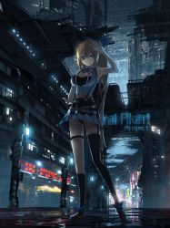 Rule 34 | 1girl, absurdres, asteroid ill, asymmetrical legwear, bad id, bad twitter id, blonde hair, blue eyes, breasts, building, cleavage, cyberpunk, elbow gloves, gloves, hair ribbon, highres, large breasts, long hair, looking at viewer, mirai akari, mirai akari project, neon lights, ribbon, scenery, side ponytail, skirt, smile, solo, thighhighs, uneven legwear, upskirt, virtual youtuber, white gloves