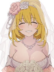 Rule 34 | 1girl, ^ ^, absurdres, bare shoulders, blonde hair, bouquet, breasts, bridal veil, bride, cleavage, closed eyes, commentary request, dress, earrings, facing viewer, female focus, flower, grin, highres, holding, holding bouquet, jewelry, large breasts, parted lips, rose, shokuhou misaki, smile, solo, teruya (6w6y), toaru kagaku no railgun, toaru majutsu no index, upper body, veil, wedding dress, white background, white dress, white flower, white rose