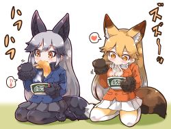 Rule 34 | 10s, 2girls, animal ears, black gloves, black skirt, blonde hair, blue jacket, bow, bowtie, chopsticks, commentary request, cup ramen, donbee (food), eating, ezo red fox (kemono friends), food, fox ears, fox tail, gloves, gradient hair, gradient legwear, heart, instant udon, jacket, kemono friends, kemonomimi mode, long hair, multicolored clothes, multicolored hair, multicolored legwear, multiple girls, musical note, necktie, noodles, orange eyes, orange jacket, pantyhose, pleated skirt, product placement, seiza, shoes, silver fox (kemono friends), silver hair, sitting, skirt, spoken heart, spoken musical note, tail, tanaka kusao, white skirt
