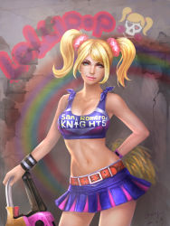 Rule 34 | 1girl, arm behind back, belt, blonde hair, blue eyes, breasts, chainsaw, cheerleader, cleavage, clothes writing, crop top, graffiti, grasshopper manufacture, highres, juliet starling, lips, lollipop chainsaw, looking at viewer, midriff, miniskirt, navel, orry, pleated skirt, pom pom (cheerleading), scrunchie, short twintails, skirt, smile, solo, twintails, wall, watch, weapon, wristband, wristwatch
