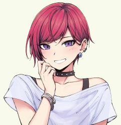 Rule 34 | 1other, androgynous, black shirt, blush, bracelet, collar, earrings, grey background, grin, hand up, jewelry, looking at viewer, off shoulder, original, pas (paxiti), purple eyes, red hair, shirt, short hair, short sleeves, simple background, smile, solo, spiked collar, spikes, white shirt