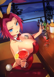 Rule 34 | absurdres, animal ears, between breasts, blue eyes, bottle, bow, bowtie, breasts, code geass, cup, drinking glass, fake animal ears, fake tail, highres, kouzuki kallen, large breasts, leotard, litimo, looking at viewer, playboy bunny, rabbit ears, rabbit tail, red hair, short hair, tail