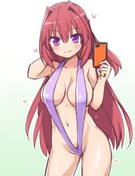 Rule 34 | 1girl, bikini, blush, breasts, cellphone, contrapposto, cowboy shot, fang, fang out, gradient background, hair intakes, heart, large breasts, long hair, navel, phone, purple bikini, purple eyes, red hair, simple background, slingshot swimsuit, smartphone, smile, solo, standing, starmine (manga), stroma, swimsuit