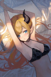 Rule 34 | 1girl, alternate costume, arms up, bed sheet, black bra, black horns, blonde hair, blue eyes, blush, bra, breasts, cleavage, commentary, demon girl, demon horns, highres, hololive, horns, long hair, looking at viewer, lying, medium breasts, on back, on bed, parted lips, pillow, pointy ears, solo, swept bangs, underwear, upper body, virtual youtuber, xyunx, yuzuki choco