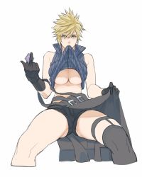 Rule 34 | 1girl, aqua eyes, asymmetrical legwear, black gloves, blonde hair, breasts, clothes in mouth, cloud strife, condom, final fantasy, final fantasy vii, final fantasy vii advent children, garter straps, gender request, genderswap, gloves, high collar, highres, holding, holding condom, large breasts, shirt lift, middle finger, mouth hold, muscular, muscular female, open collar, ryouto, shirt in mouth, short shorts, shorts, sitting, solo, spiked hair, spread legs, square enix, underboob, white background