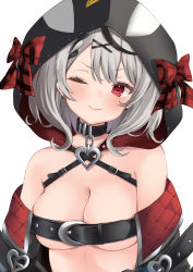 Rule 34 | 1girl, bare shoulders, belt, belt bra, black choker, bow, breasts, choker, cleavage, closed mouth, earrings, fang, hair ornament, highres, hololive, holox, hood, jewelry, looking at viewer, medium breasts, no bra, off shoulder, one eye closed, red bow, revealing clothes, rikotan, sakamata chloe, sakamata chloe (1st costume), short hair, simple background, smile, smug, solo, upper body, v-shaped eyebrows, virtual youtuber, white background, white hair, x hair ornament