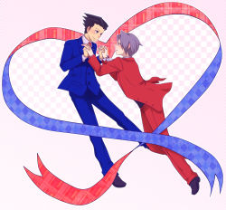 Rule 34 | 2boys, ace attorney, ascot, black eyes, black hair, checkered background, dress shoes, formal, hair slicked back, heart, himuro (harusame zensen), holding hands, male focus, miles edgeworth, multiple boys, necktie, phoenix wright, purple hair, ribbon, short hair, suit, yaoi