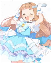 Rule 34 | 1girl, ^ ^, arms up, blush, bow, chipochopo324, closed eyes, commentary request, gloves, hair bow, heart-shaped gem, highres, ichihara nina, idol clothes, idolmaster, idolmaster cinderella girls, long hair, looking ahead, one eye closed, orange hair, simple background, smile, solo, twitter username, two-tone dress, very long hair, white background, white gloves