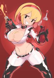 1girl belt black_eyes blonde_hair boots breasts choker cleavage collarbone commentary female_pubic_hair gashi-gashi gloves gun hairband highres holding holding_gun holding_weapon large_breasts looking_at_viewer midriff navel original pubic_hair pubic_hair_peek red_background red_hairband short_hair simple_background smile solo symbol-only_commentary thigh_boots weapon