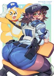 Rule 34 | 1girl, absurdres, ass, astral chain, blue gloves, blue shirt, blue shorts, brown hair, chair, cropped legs, from behind, glasses, gloves, gofa, green eyes, hat, highres, lappy, marie wentz, medium hair, nervous sweating, on chair, police, police hat, police uniform, policewoman, shirt, short shorts, short sleeves, shorts, sitting, sitting backwards, surprised, sweat, thighhighs, uniform