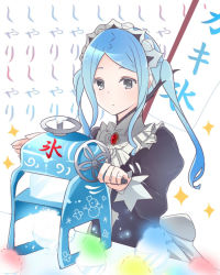 Rule 34 | 1girl, apron, blue hair, fire emblem, fire emblem fates, flora (fire emblem), food, grey eyes, ice, ice shaver, long hair, maid, maid apron, maid headdress, nintendo, rojiura-cat, shaved ice, simple background, solo, sparkle, twintails, white background