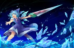Rule 34 | 1girl, :o, blue eyes, blue hair, bow, cirno, dress, hair bow, highres, holding, ice, ice wings, kokka han, matching hair/eyes, open mouth, outstretched arms, short hair, solo, sword, touhou, weapon, wings