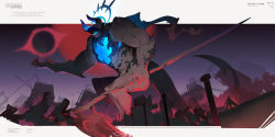 Rule 34 | 1other, building, cape, curled horns, english text, giant, giant monster, glowing, halo, highres, holding, holding scythe, hood, hood up, horns, horns through headwear, ji dao ji, monster, original, ruins, scythe, silhouette, skyscraper, solo focus, sword, weapon