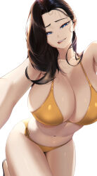 Rule 34 | 1girl, bikini, black hair, blue eyes, blueorca, breasts, brown hair, cleavage, collarbone, highres, huge breasts, long hair, mole, mole on stomach, mole under eye, mole under mouth, original, parted lips, simple background, solo, swimsuit, white background, yellow bikini
