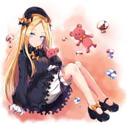 Rule 34 | 1girl, abigail williams (fate), bad id, bad pixiv id, black bow, black dress, black footwear, black hat, blonde hair, bloomers, blue eyes, blush, bow, bug, butterfly, commentary request, dress, fate/grand order, fate (series), full body, hands in opposite sleeves, hat, highres, holding, holding stuffed toy, insect, konka, long hair, long sleeves, looking at viewer, orange bow, parted bangs, parted lips, polka dot, polka dot bow, revision, shoes, sitting, solo, stuffed animal, stuffed toy, teddy bear, underwear, very long hair, water drop, white bloomers