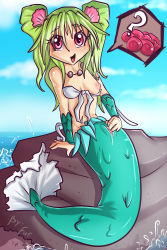 Rule 34 | 1girl, breasts, egg, female focus, fins, fish tail, fuf, green hair, green scales, highres, jewelry, mermaid, monster girl, muromi-san, namiuchigiwa no muromi-san, necklace, ocean, pussy, pussy juice, red eyes, rock, shell, small breasts, spread pussy, tail, uncensored, water