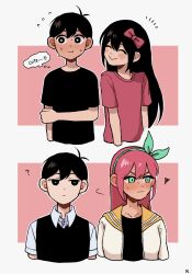 Rule 34 | 1boy, 1girl, :&gt;, age comparison, aubrey (faraway) (omori), aubrey (headspace) (omori), aubrey (omori), black eyes, black shirt, black sweater, blue eyes, blush, bow, bright pupils, closed eyes, closed mouth, collarbone, embarrassed, expressionless, hair bow, hairband, highres, jacket, k toast, long sleeves, looking at another, omori, pink bow, pink shirt, shirt, short sleeves, smile, sunny (omori), sweater, thought bubble, white jacket, white pupils, white shirt