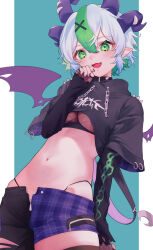 Rule 34 | 1girl, amane 0e0, apricot the lich, apricot the lich (8th costume), belt, black collar, black hoodie, black shirt, black thighhighs, blush, breasts, chain, collar, colored inner hair, cowboy shot, crescent, cropped hoodie, cropped shirt, demon wings, fang, fishnet top, fishnets, g-string, green eyes, green hair, groin, hair between eyes, hair ornament, highres, hip bones, hood, hoodie, horns, long sleeves, looking at viewer, medium breasts, midriff, multicolored hair, multiple horns, navel, official alternate costume, official alternate hairstyle, open fly, open mouth, pants, partially unzipped, pointy ears, purple horns, purple nails, purple wings, shirt, short hair, simple background, single thighhigh, skin fang, solo, spiked collar, spikes, standing, streaked hair, thighhighs, thong, torn clothes, torn pants, underboob, virtual youtuber, vshojo, white hair, wings, x hair ornament